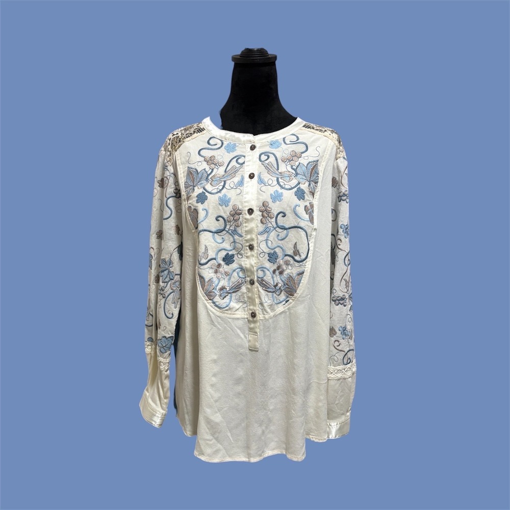 John Mark Embroidered Tunic Blouse Womens XL Cream Gold Blue Mixed Media  EUC - Picture 2 of 9